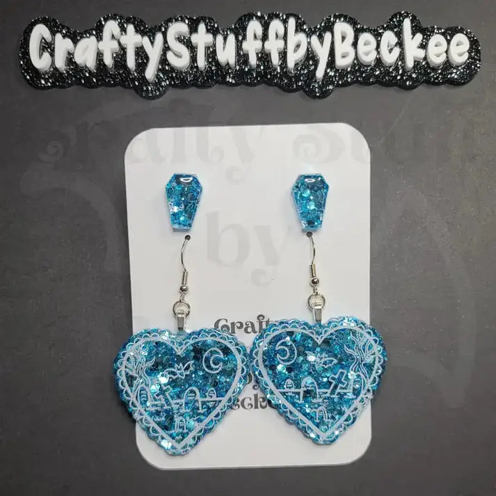 Graveyard Scene Dangle Heart and Coffin Stud Earring Set -