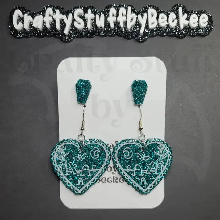 Graveyard Scene Dangle Heart and Coffin Stud Earring Set -