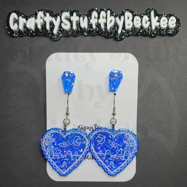 Graveyard Scene Dangle Heart and Coffin Stud Earring Set -
