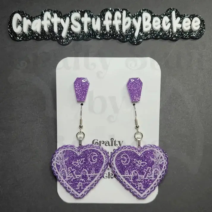 Graveyard Scene Dangle Heart and Coffin Stud Earring Set -