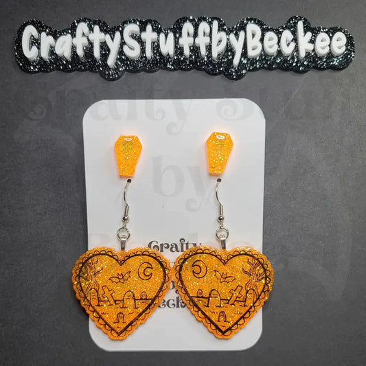 Graveyard Scene Dangle Heart and Coffin Stud Earring Set -