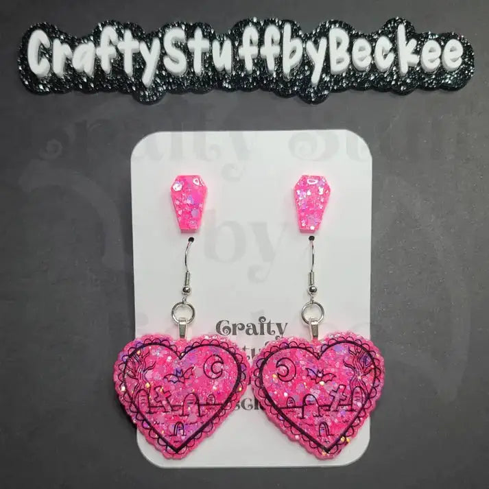 Graveyard Scene Dangle Heart and Coffin Stud Earring Set -