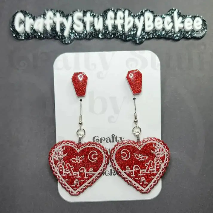 Graveyard Scene Dangle Heart and Coffin Stud Earring Set -