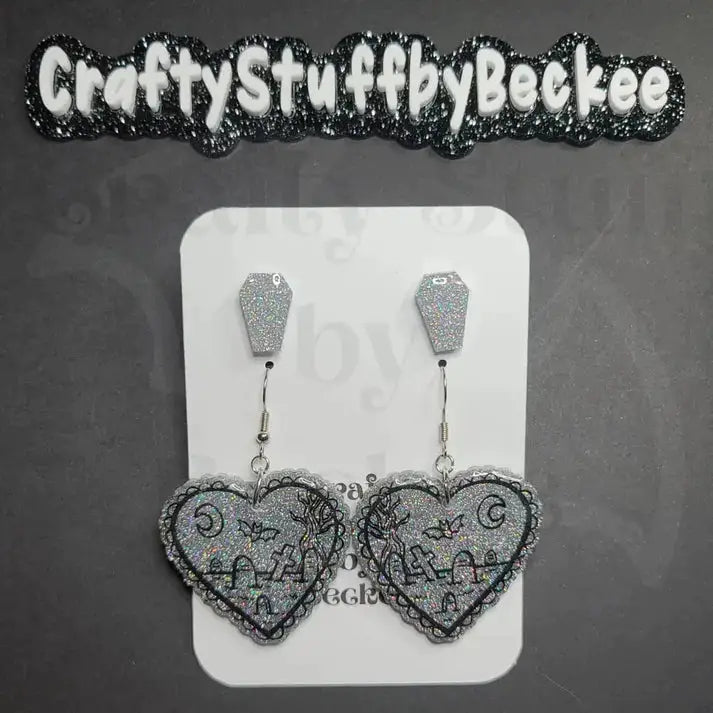 Graveyard Scene Dangle Heart and Coffin Stud Earring Set -