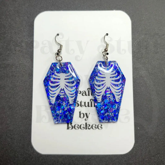 Coffin With Human Ribcage Dangle Earrings - Blue - Earrings