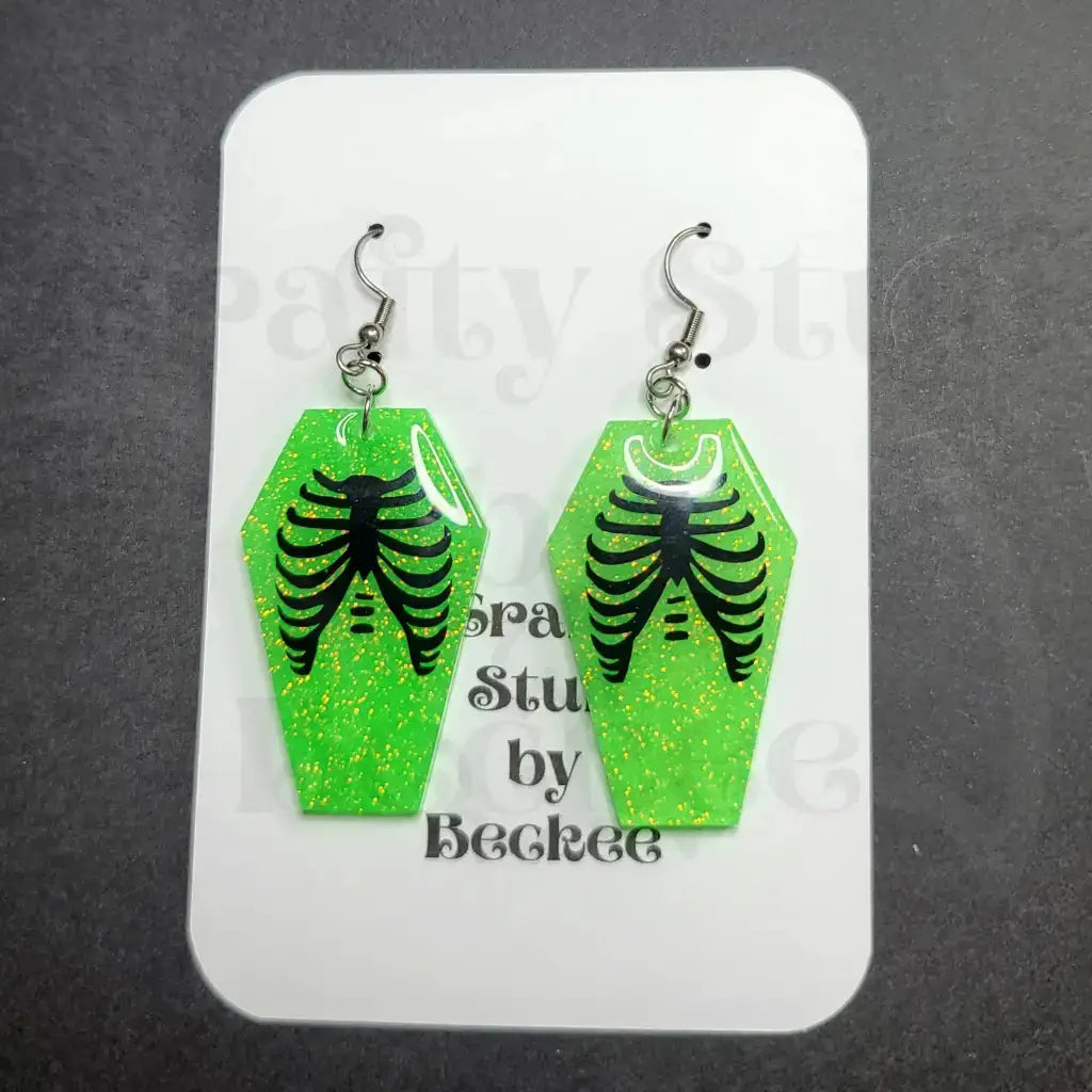 Coffin With Human Ribcage Dangle Earrings - Green - Earrings