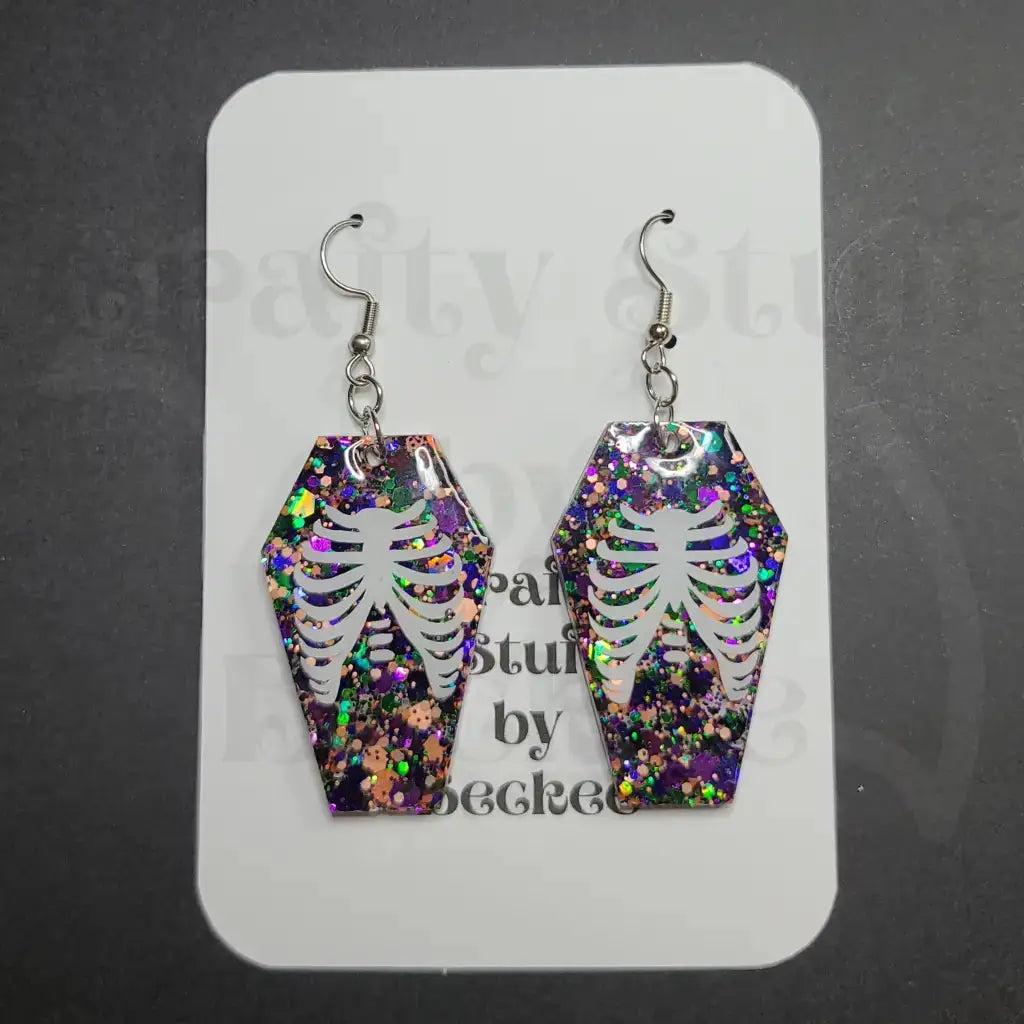Coffin With Human Ribcage Dangle Earrings - Multi-Colored -