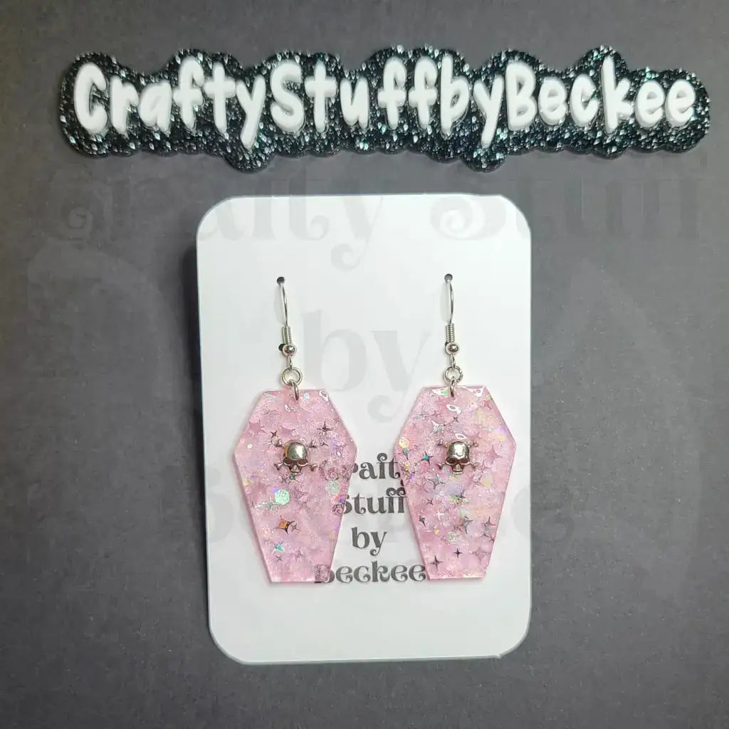 Coffin with Skull Dangle Earrings - Pink - Earrings