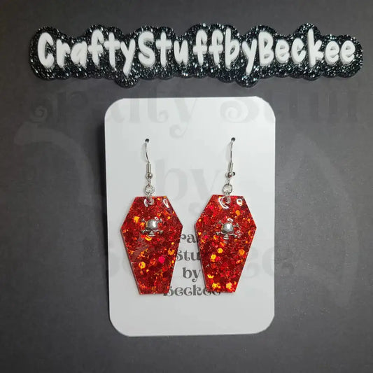 Coffin with Skull Dangle Earrings - Red - Earrings