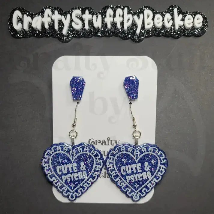 Cute & Psycho Dangle Heart and Coffin Stud Earring Set -