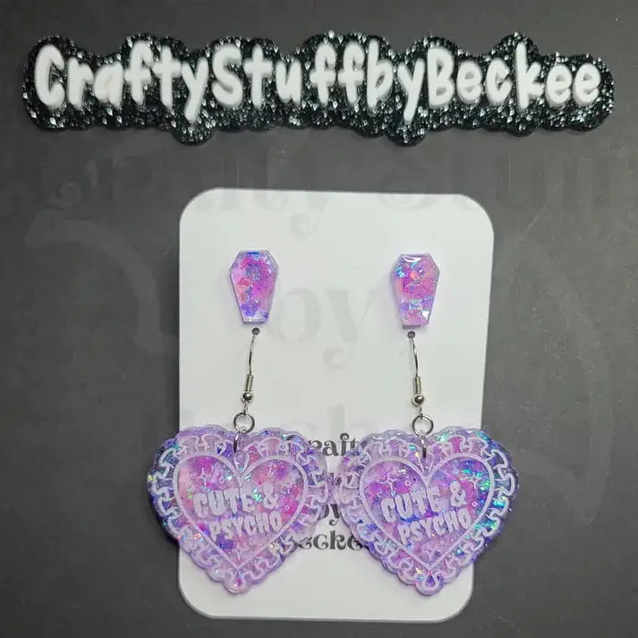 Cute & Psycho Dangle Heart and Coffin Stud Earring Set -