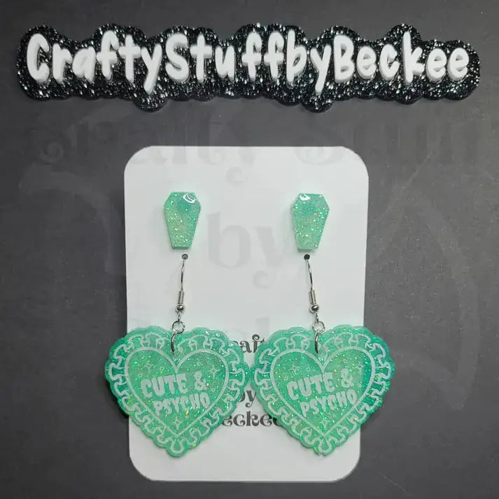 Cute & Psycho Dangle Heart and Coffin Stud Earring Set -