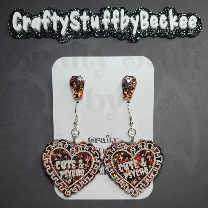 Cute & Psycho Dangle Heart and Coffin Stud Earring Set -