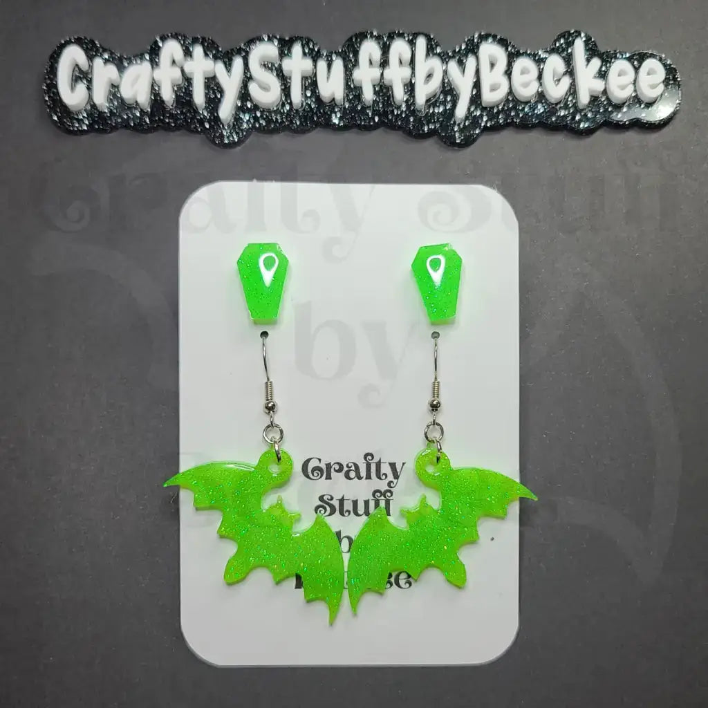 Dangle Bats and Coffin Stud Earring Set - Neon Green -