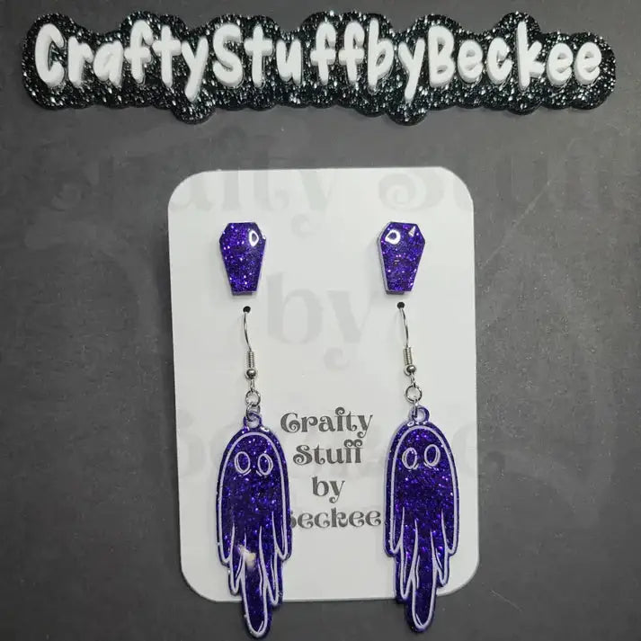 Dangle Ghosts and Coffin Stud Earring Set - Dark Blue -