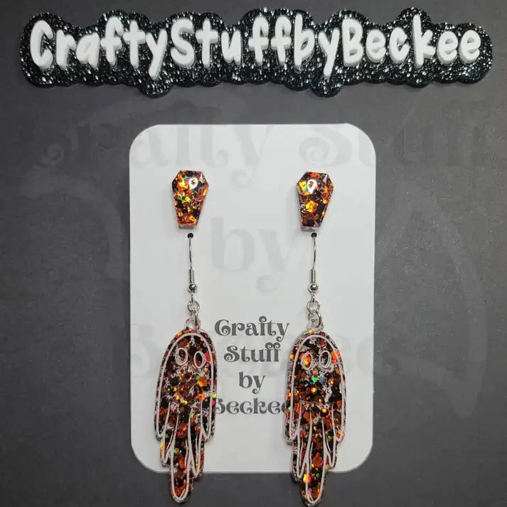 Dangle Ghosts and Coffin Stud Earring Set - Dark Orange -