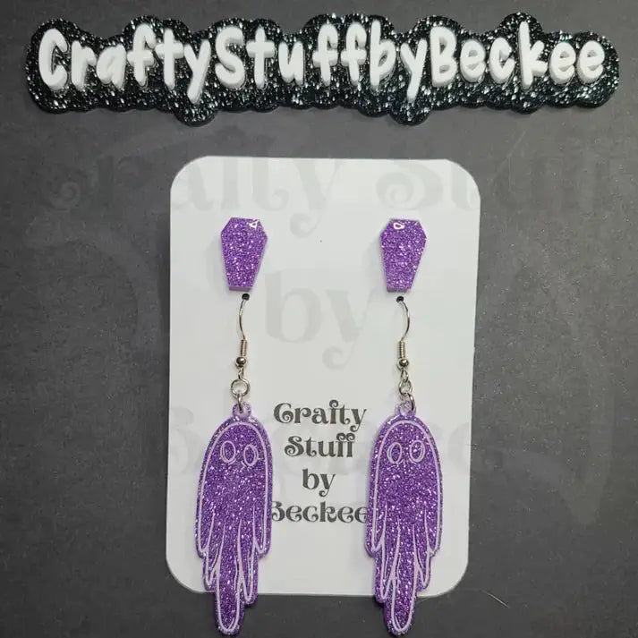 Dangle Ghosts and Coffin Stud Earring Set - Lavender -