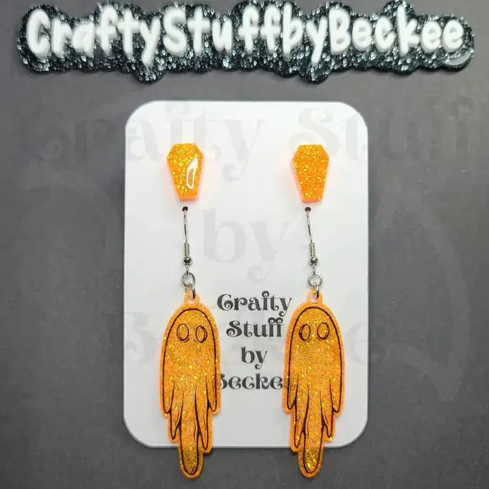 Dangle Ghosts and Coffin Stud Earring Set - Light Orange -