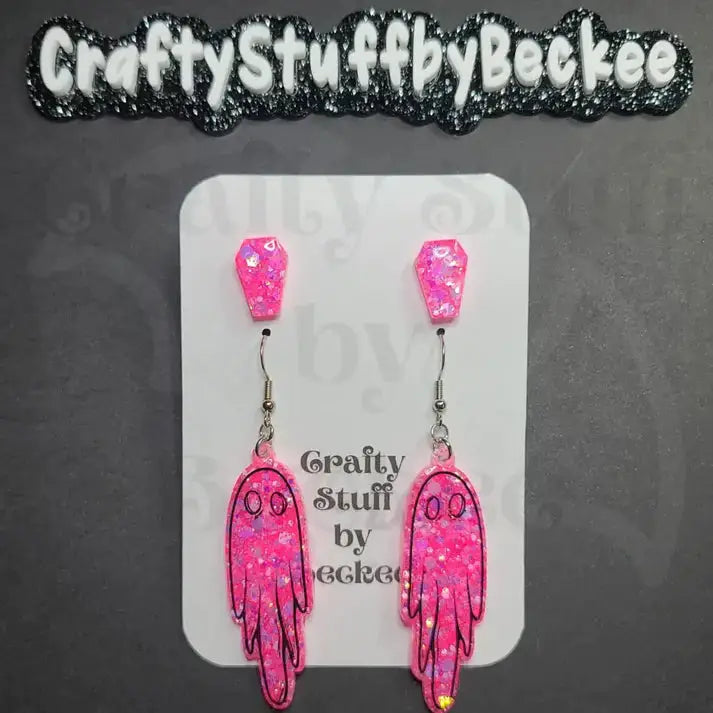 Dangle Ghosts and Coffin Stud Earring Set - Pink #1 -