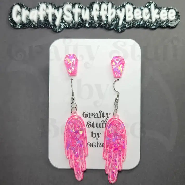 Dangle Ghosts and Coffin Stud Earring Set - Pink #2 -
