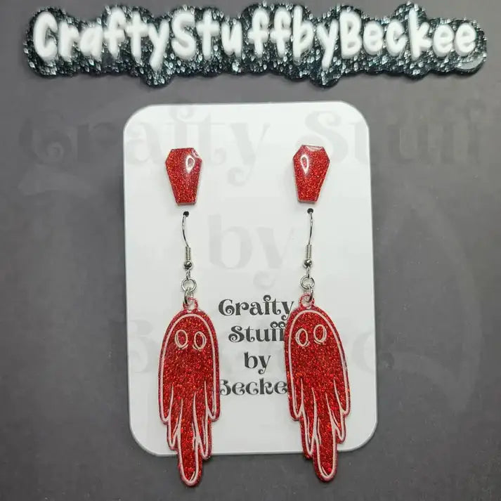 Dangle Ghosts and Coffin Stud Earring Set - Red - Earrings