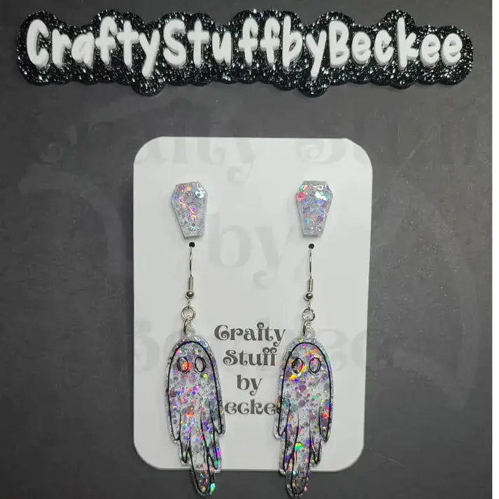 Dangle Ghosts and Coffin Stud Earring Set - White #1 -