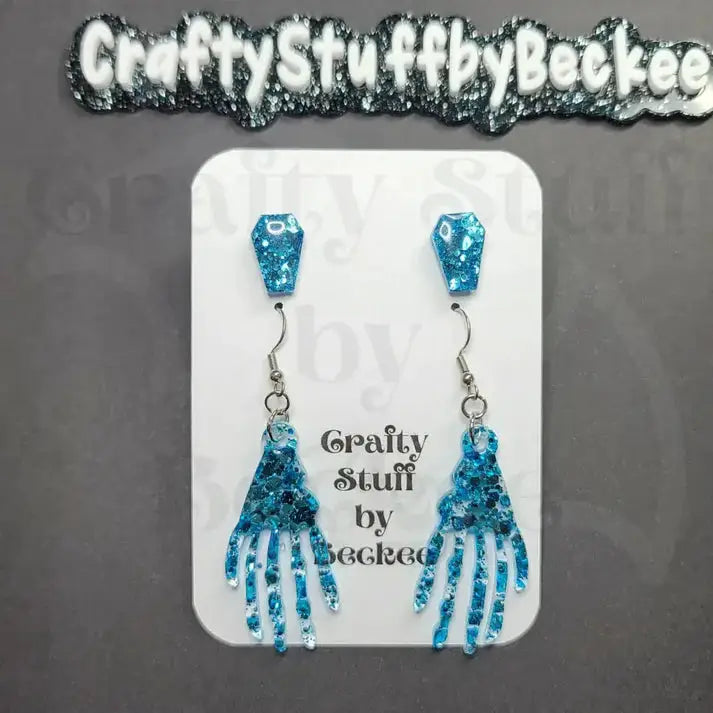 Dangle Skeleton Hand and Coffin Stud Earring Set - Blue #1 -