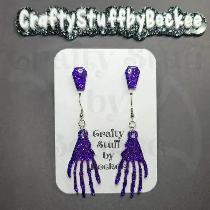 Dangle Skeleton Hand and Coffin Stud Earring Set - Blue #2 -