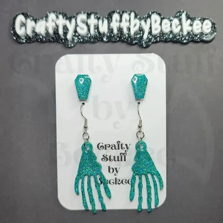Dangle Skeleton Hand and Coffin Stud Earring Set - Blue #3 -