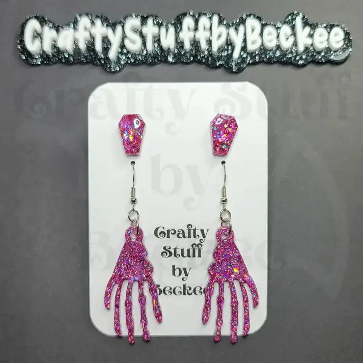 Dangle Skeleton Hand and Coffin Stud Earring Set - Dark Pink