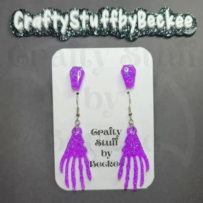Dangle Skeleton Hand and Coffin Stud Earring Set - Purple -