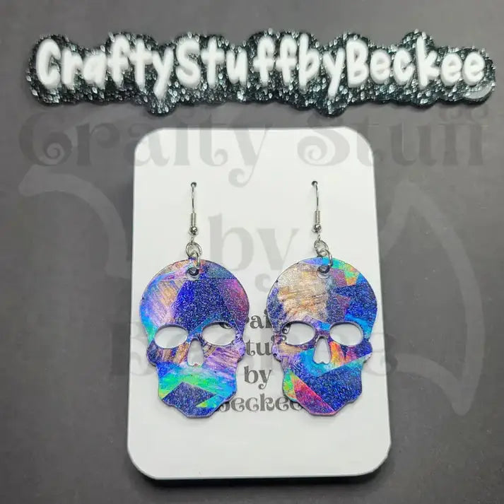 Holographic Skull Dangle Earrings - Dark Blue - Earrings