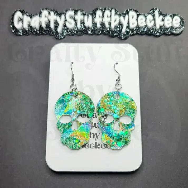 Holographic Skull Dangle Earrings - Dark Green - Earrings