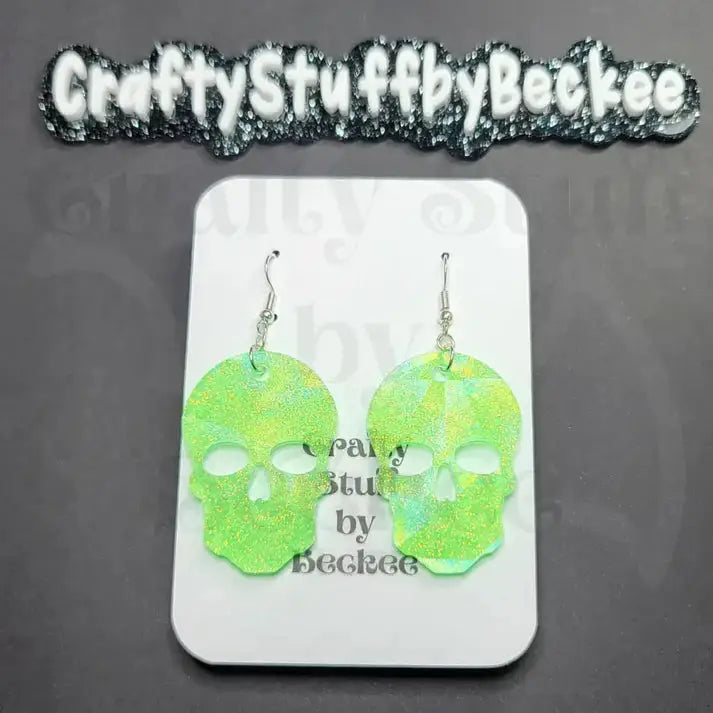 Holographic Skull Dangle Earrings - Light Green - Earrings