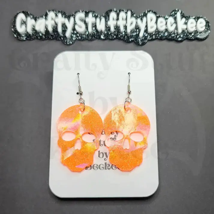 Holographic Skull Dangle Earrings - Orange - Earrings