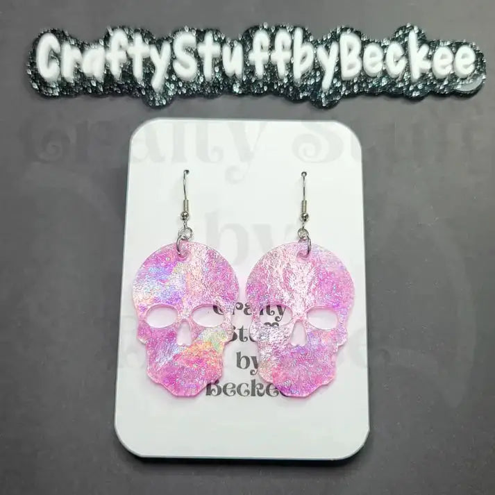 Holographic Skull Dangle Earrings - Pink - Earrings