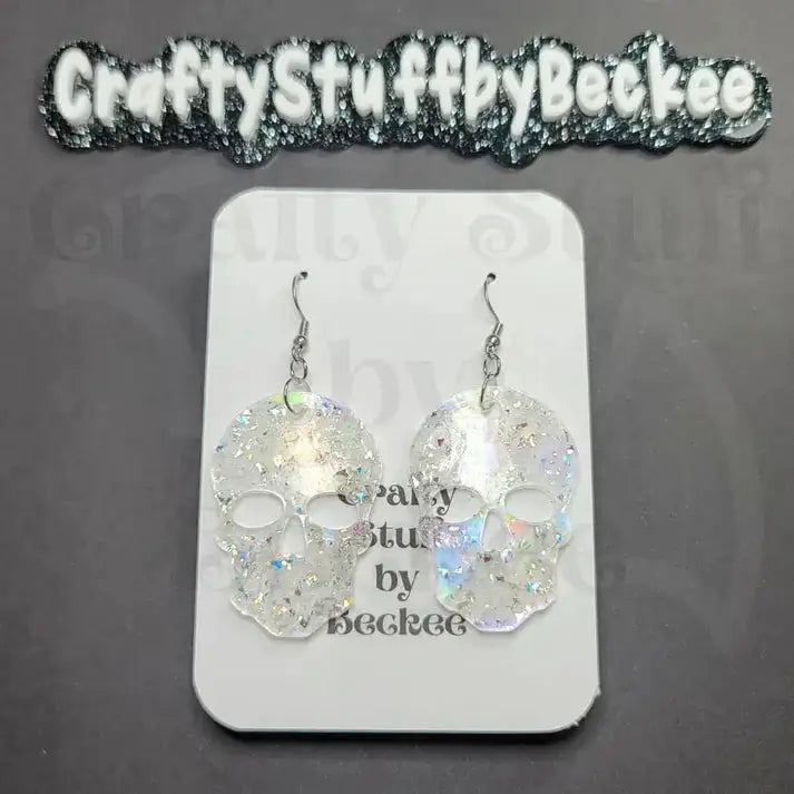 Holographic Skull Dangle Earrings - White - Earrings