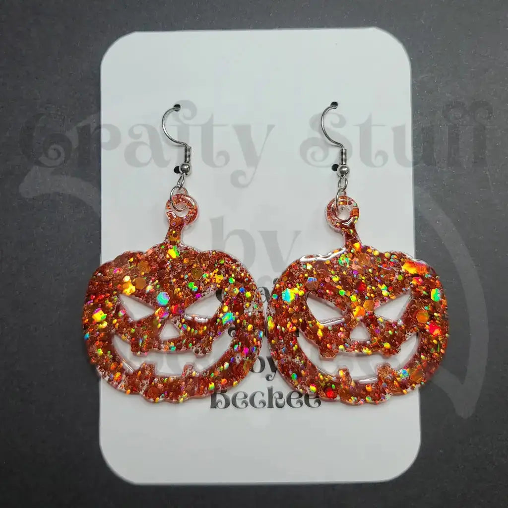 Jack O Lantern Dangle Earrings - Holographic Orange -
