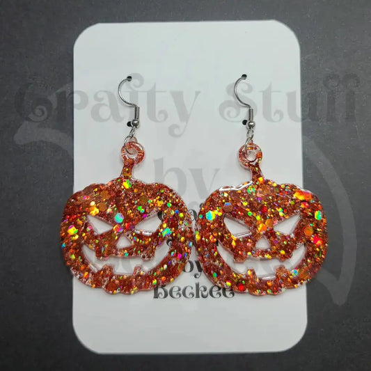 Jack O Lantern Dangle Earrings - Holographic Orange -