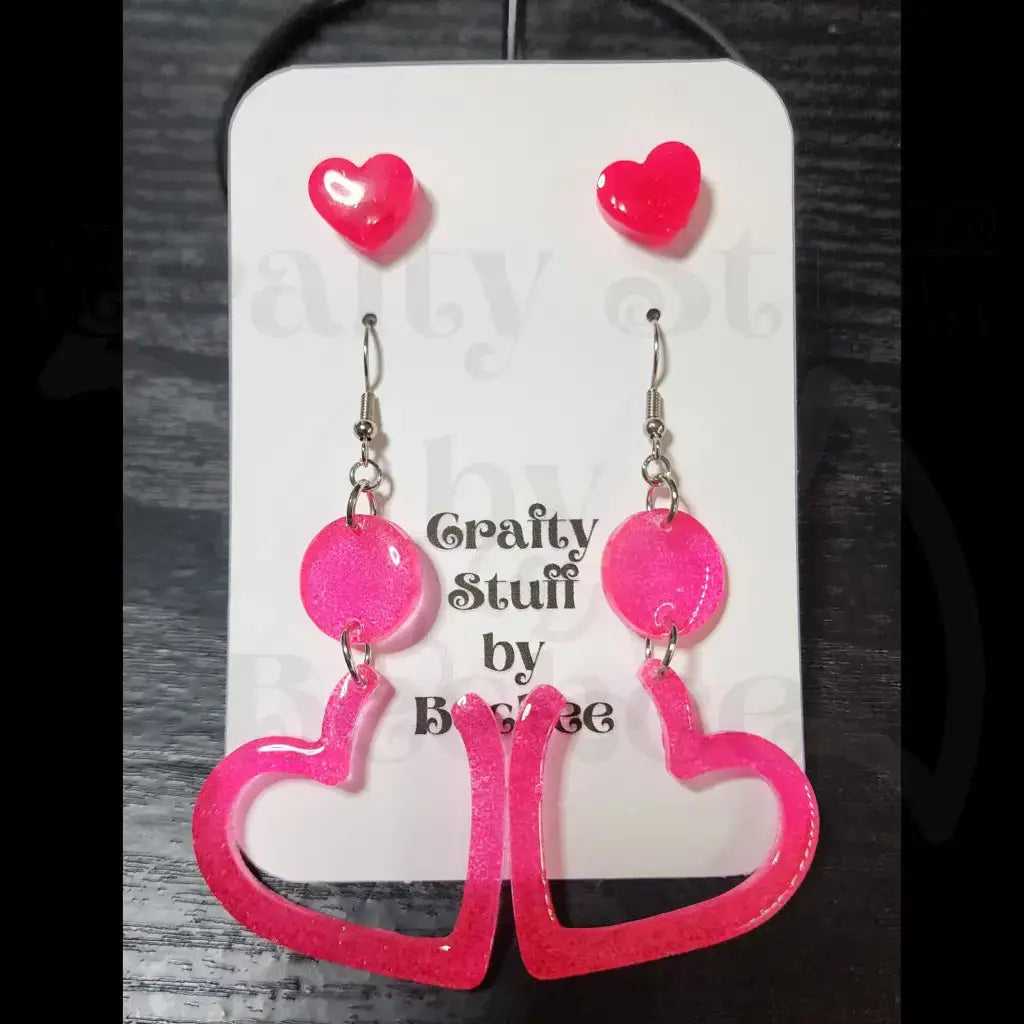 Open Heart Dangle and Matching Stud Earring Set - Hot Pink -