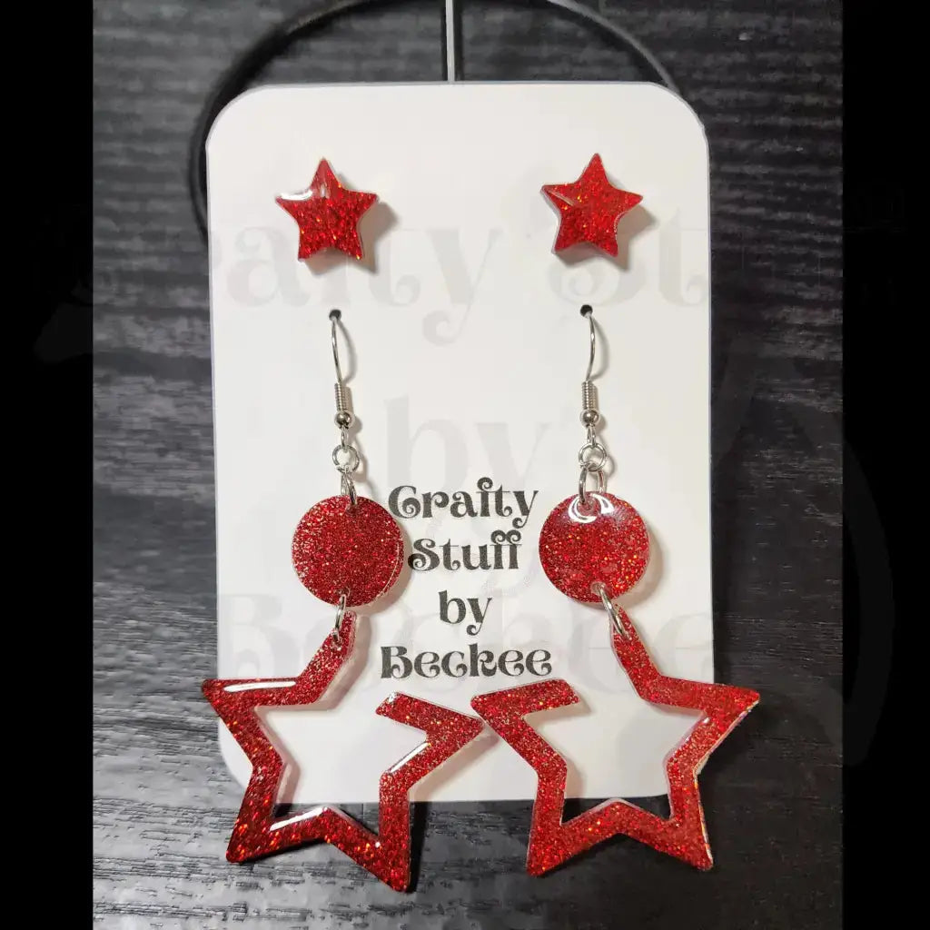 Open Star Dangle and Matching Stud Earring Set - Red -