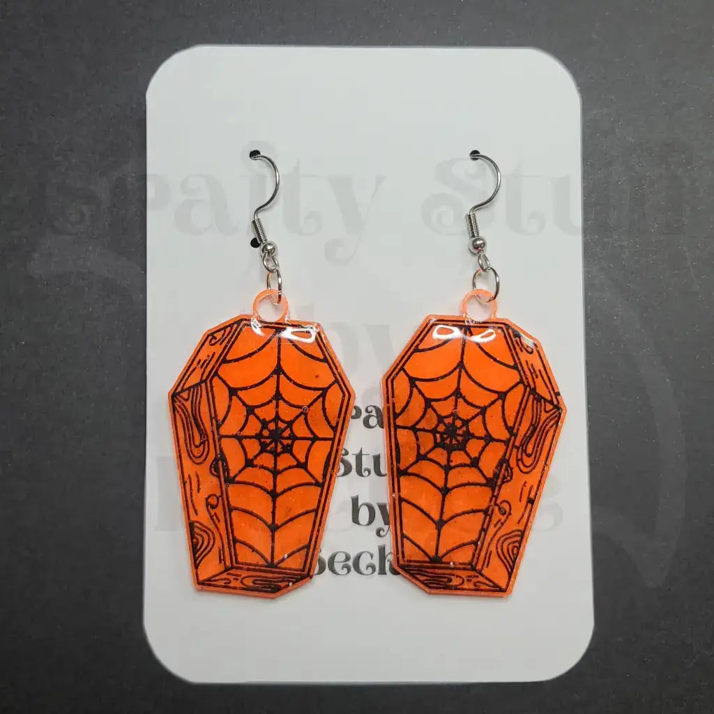 Spiderweb Coffin Dangle Earrings - Green - Orange - Earrings