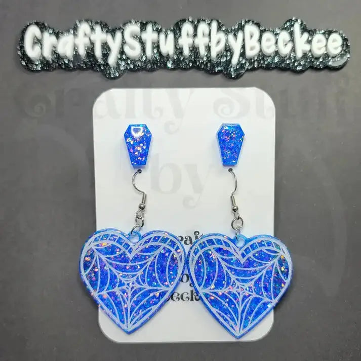 Spiderweb Dangle Heart and Coffin Stud Earring Set - Blue #1