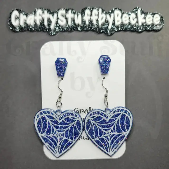 Spiderweb Dangle Heart and Coffin Stud Earring Set - Blue #2