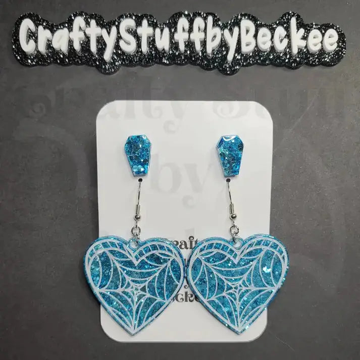 Spiderweb Dangle Heart and Coffin Stud Earring Set - Blue #3