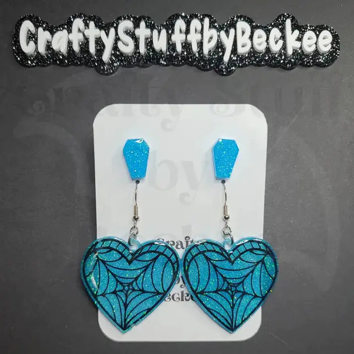 Spiderweb Dangle Heart and Coffin Stud Earring Set -
