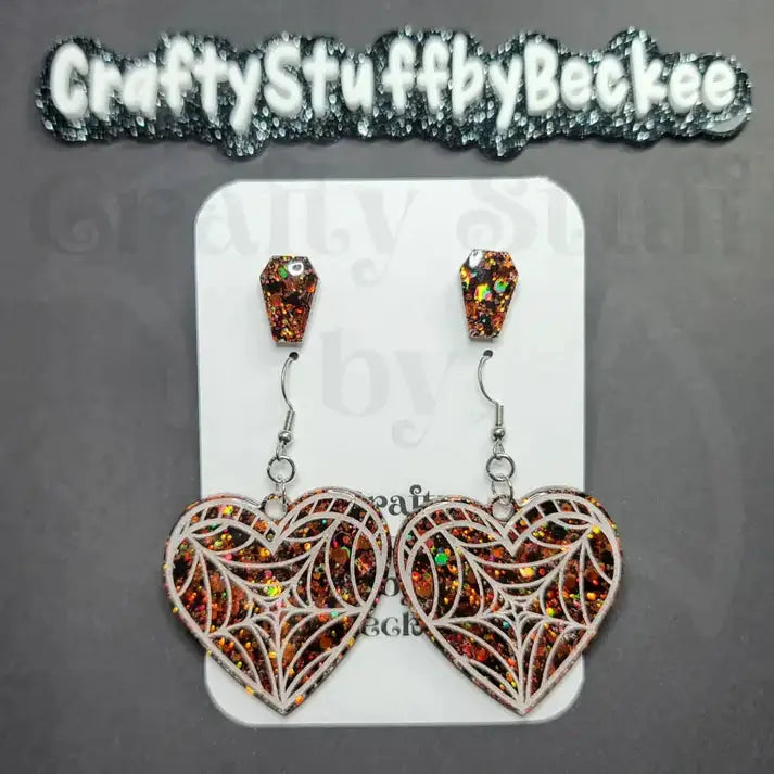 Spiderweb Dangle Heart and Coffin Stud Earring Set - Orange
