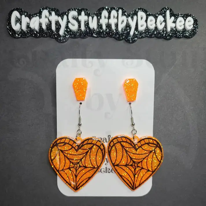 Spiderweb Dangle Heart and Coffin Stud Earring Set - Orange