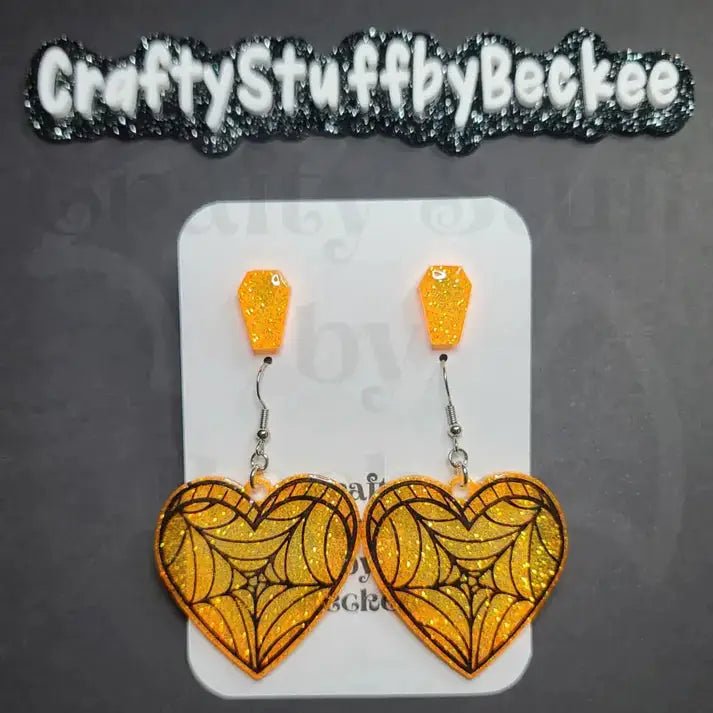 Spiderweb Dangle Heart and Coffin Stud Earring Set - Orange