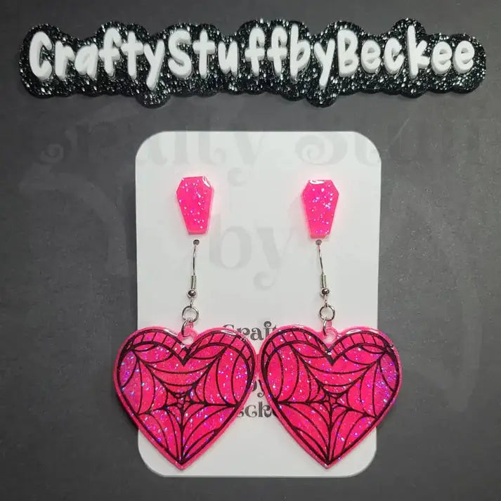 Spiderweb Dangle Heart and Coffin Stud Earring Set - Pink #1